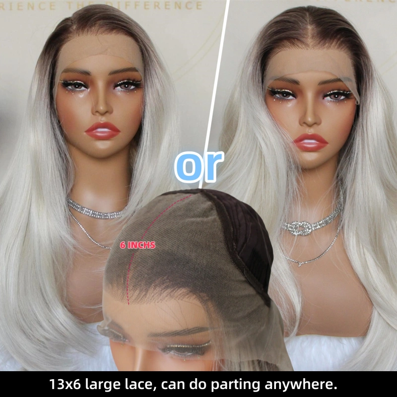 Aisom Highlight Platinum Blonde 13x6 Synthetic Lace Front Wig with Dark Brown Root Layered Straight Pre Plucked Glueless Wig for Women Middler Side Part Long Wig