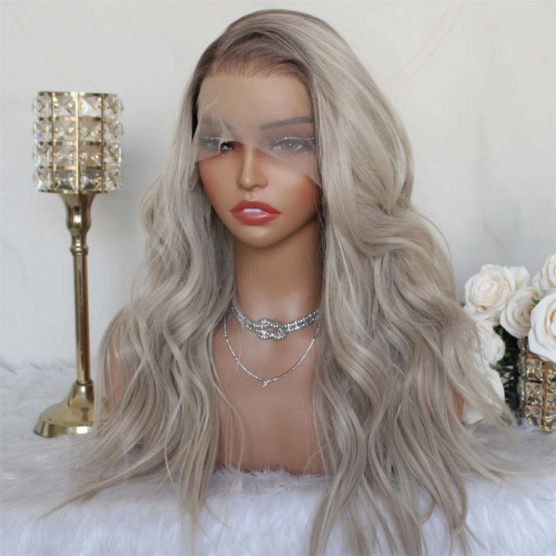 Aisom True Glueless Wig Natural looking Wig Ash Blonde 13x6 Wave Ombre Ash Platinum Mixed Brown Synthetic Lace Front Wig with Realistic Hairline 18inch