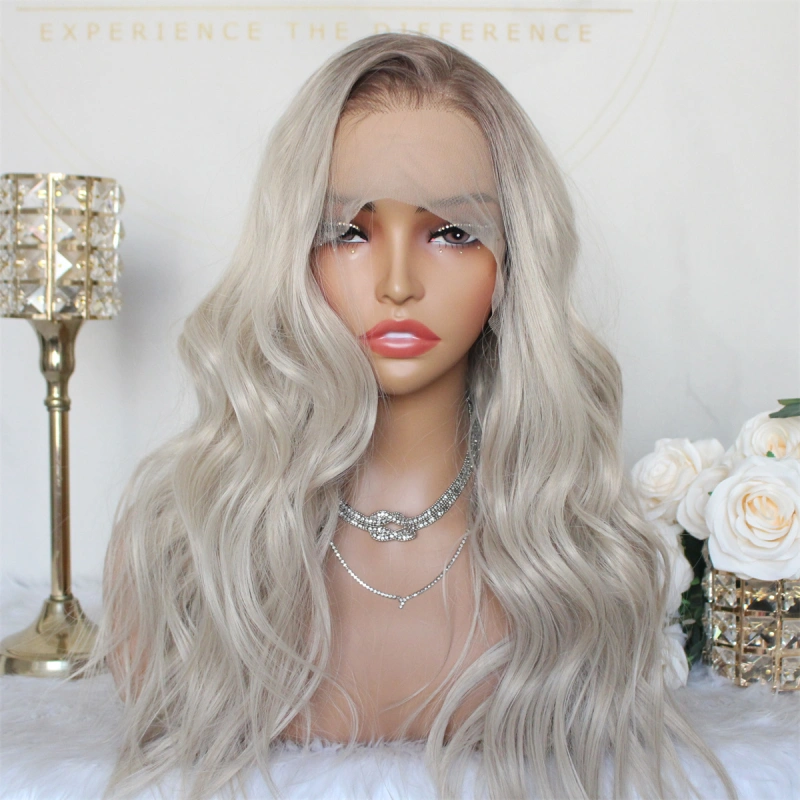 Aisom True Glueless Wig Natural looking Wig Ash Blonde 13x6 Wave Ombre Ash Platinum Mixed Brown Synthetic Lace Front Wig with Realistic Hairline 18inch