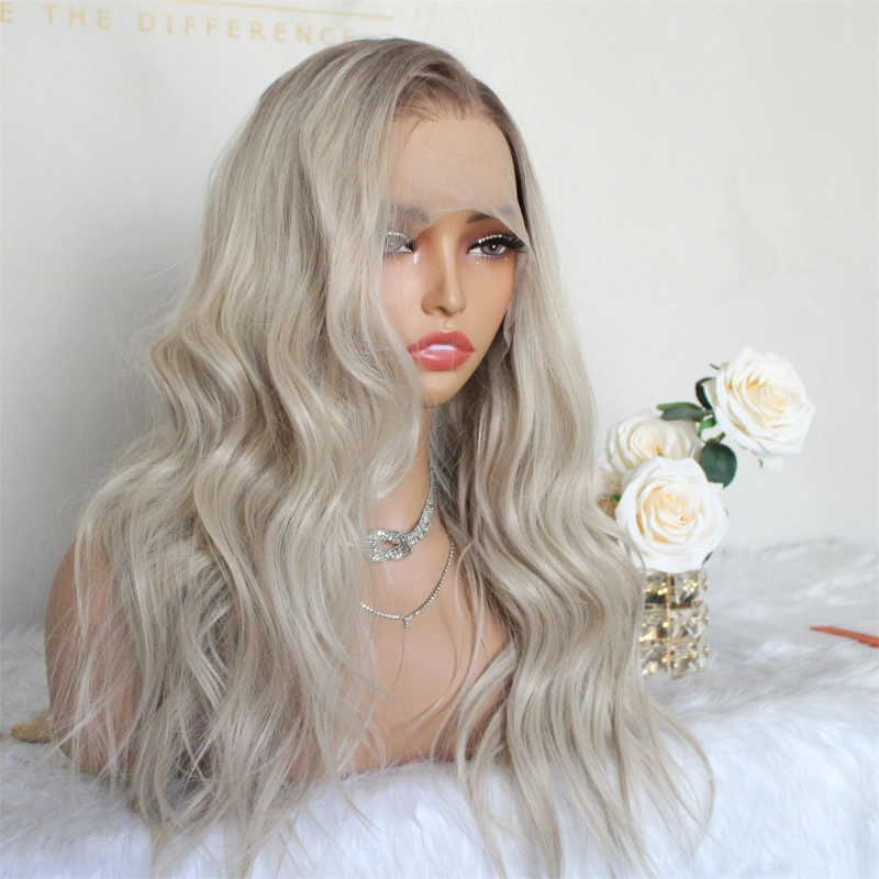 Aisom True Glueless Wig Natural looking Wig Ash Blonde 13x6 Wave Ombre Ash Platinum Mixed Brown Synthetic Lace Front Wig with Realistic Hairline 18inch