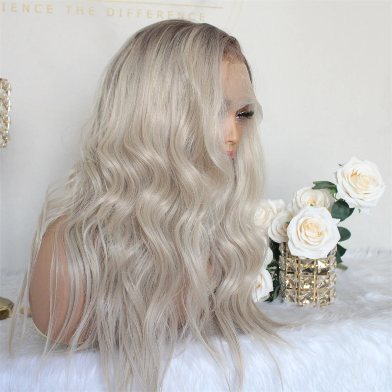 Aisom True Glueless Wig Natural looking Wig Ash Blonde 13x6 Wave Ombre Ash Platinum Mixed Brown Synthetic Lace Front Wig with Realistic Hairline 18inch