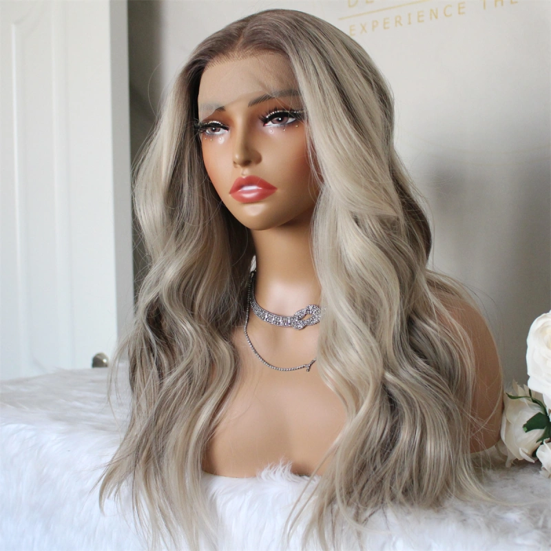 Aisom Real Glueless Wig Natural looking Wig Highlight Ash Blonde Ombre 13x6 Wave Ash Platinum Mixed Brown Synthetic Lace Front Wig with Realistic Hairline