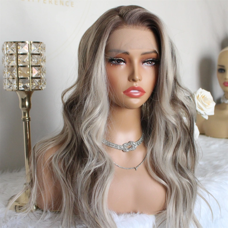 Aisom Real Glueless Wig Natural looking Wig Highlight Ash Blonde Ombre 13x6 Wave Ash Platinum Mixed Brown Synthetic Lace Front Wig with Realistic Hairline