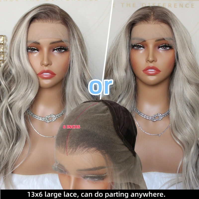 Aisom Real Glueless Wig Natural looking Wig Highlight Ash Blonde Ombre 13x6 Wave Ash Platinum Mixed Brown Synthetic Lace Front Wig with Realistic Hairline