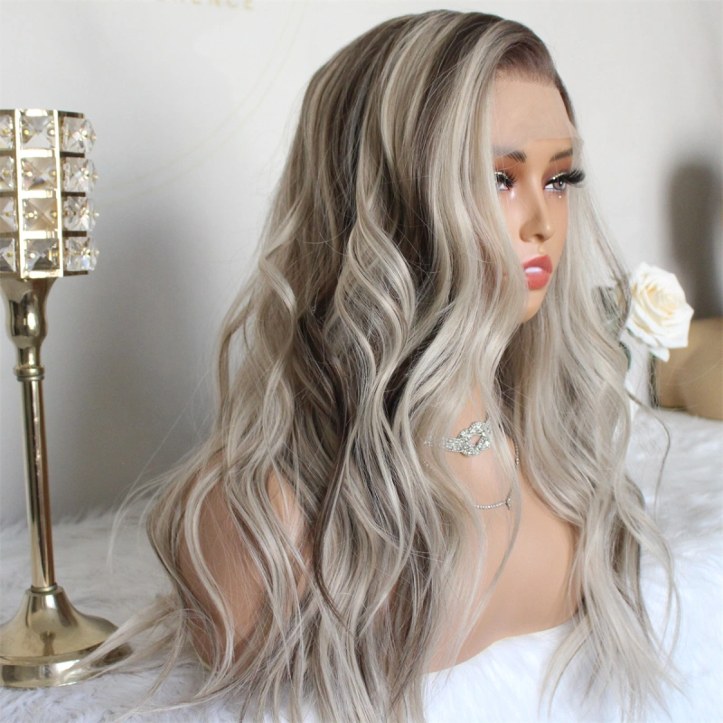Aisom Real Glueless Wig Natural looking Wig Highlight Ash Blonde Ombre 13x6 Wave Ash Platinum Mixed Brown Synthetic Lace Front Wig with Realistic Hairline