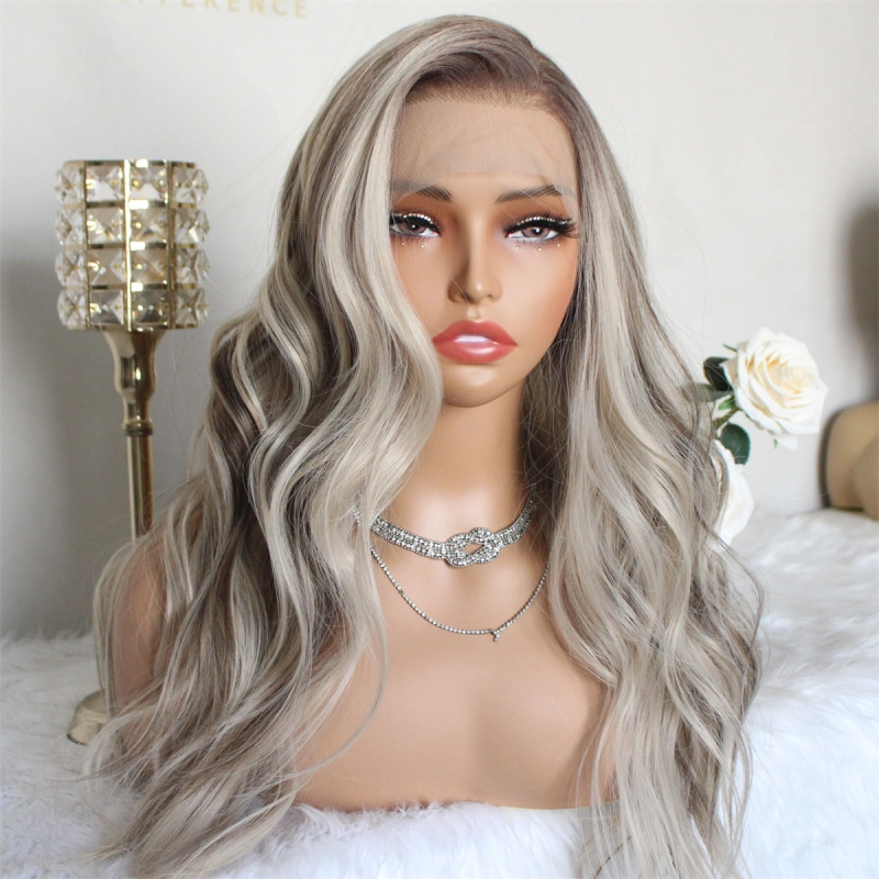 Aisom Real Glueless Wig Natural looking Wig Highlight Ash Blonde Ombre 13x6 Wave Ash Platinum Mixed Brown Synthetic Lace Front Wig with Realistic Hairline
