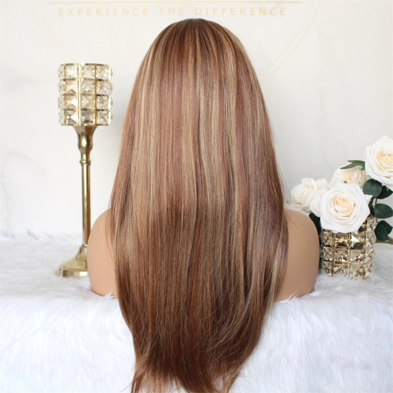 Aisom Highlight Cooper Blonde Layered Straight Synthetic Lace Front Wigs 13x6 HD Glueless Wig 22 Inch Pre Plucked Ginger Middle Side Part Heat Resistant Fiber Wig for Women