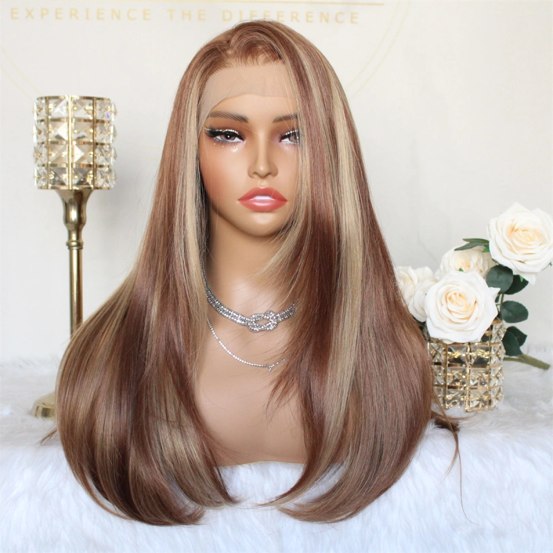 Aisom Highlight Cooper Blonde Layered Straight Synthetic Lace Front Wigs 13x6 HD Glueless Wig 22 Inch Pre Plucked Ginger Middle Side Part Heat Resistant Fiber Wig for Women