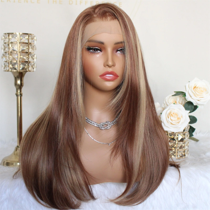 Aisom Highlight Cooper Blonde Layered Straight Synthetic Lace Front Wigs 13x6 HD Glueless Wig 22 Inch Pre Plucked Ginger Middle Side Part Heat Resistant Fiber Wig for Women
