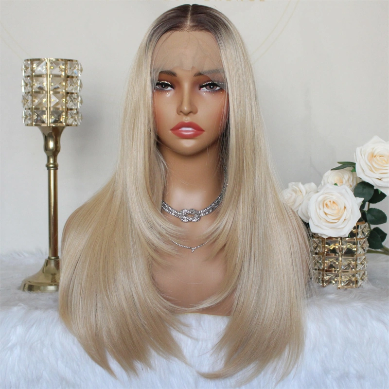 Aisom Ombre Blonde Wig 13x6 Lace Front Wig with Brown Root Pre Plucked Glueless for Beginner Layered Straight Natural Looking Wig for Women 22 Inch