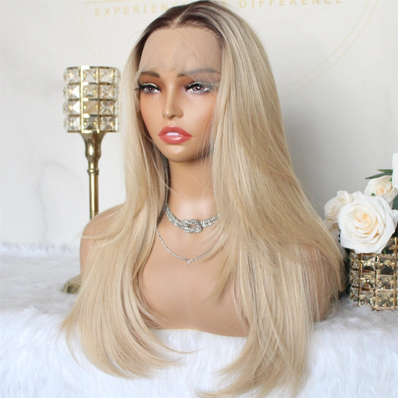 Aisom Ombre Blonde Wig 13x6 Lace Front Wig with Brown Root Pre Plucked Glueless for Beginner Layered Straight Natural Looking Wig for Women 22 Inch