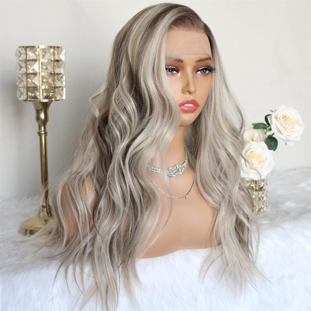 A38 by AISOM Highlight Ash Blonde 13x4 Free Part Lace Front Wig Pre Plucked Hairline 20" Wave Women's Wig Heat Friendly Fiber Low Density
