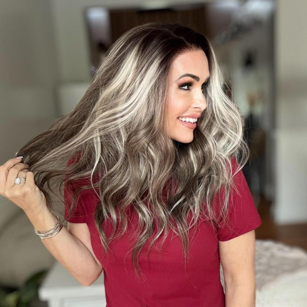 A06 by AISOM Free Part Beach Wave Brunette with Blonde Highlight Natural Hairline Low Density 13x4 HD Lace Front Wig 18 inches Heat Friendly Synthetic Hair