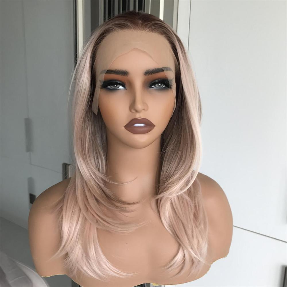 Luna by AISOM Layered Straight Apricrown 16 Inches 13x4 Free Part Synthetic Lace Front Wig with Pre Plucked Scandinavian Hairline Apricot Daily Use
