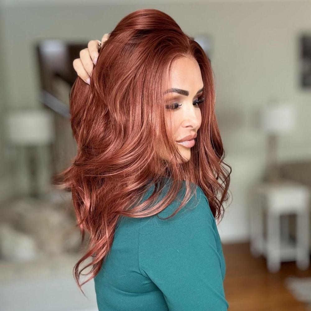 A08 by AISOM 13*6" Free Part Lace Front Wig Copper Color Synthetic Lace Wigs for Women Natural Wave 16 inches Natural Looking Heat Friendly Daily Party Use