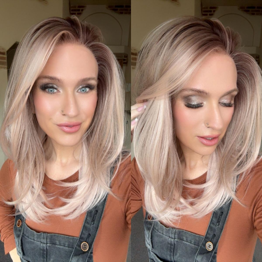 Luna by AISOM Layered Straight Apricrown 16 Inches 13x4 Free Part Synthetic Lace Front Wig with Pre Plucked Scandinavian Hairline Apricot Daily Use