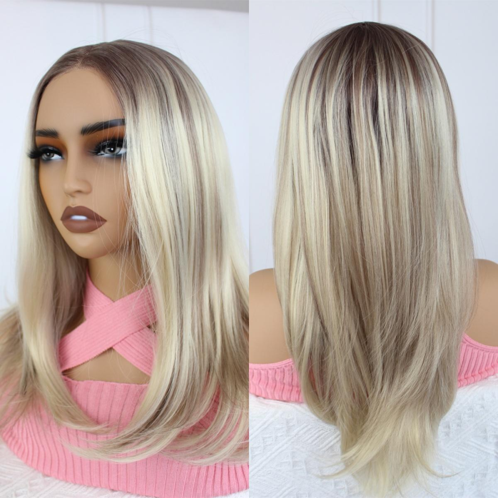 A33 AISOM Layered Straight T Part Lace Wig for Women 18 Inches Hihghlight Cool Blonde Glueless Wig