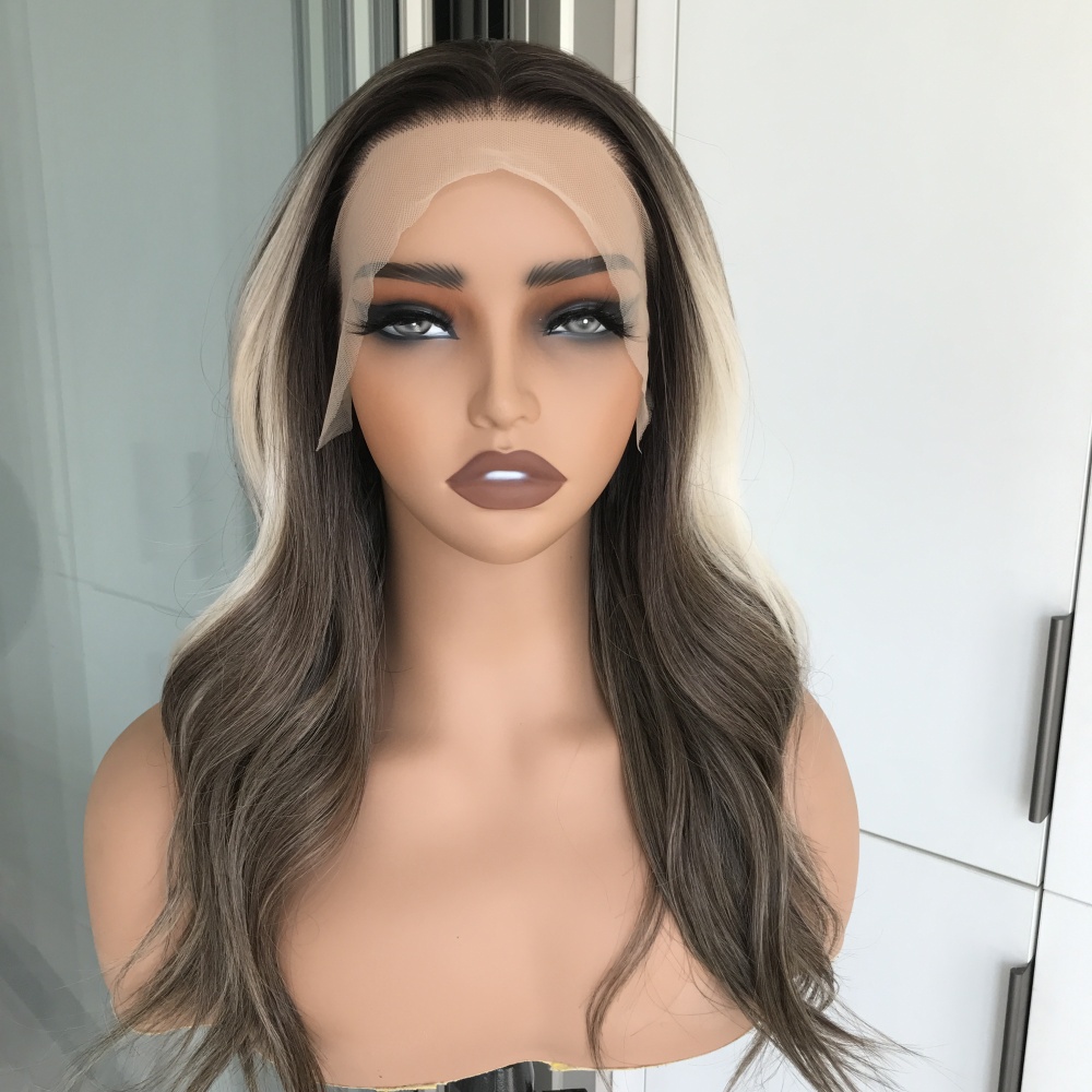 A06 by AISOM Free Part Beach Wave Brunette with Blonde Highlight Natural Hairline Low Density 13x4 HD Lace Front Wig 18 inches Heat Friendly Synthetic Hair