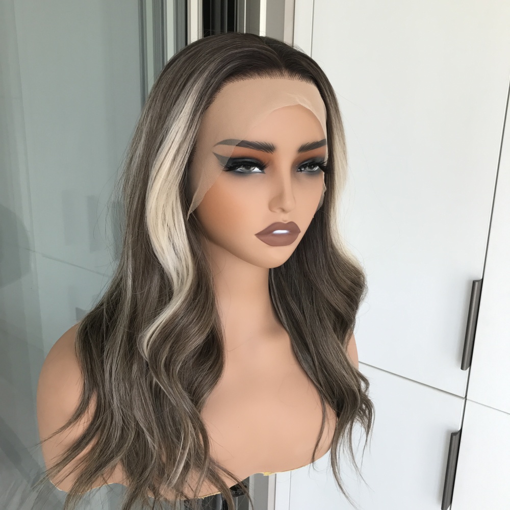 A06 by AISOM Free Part Beach Wave Brunette with Blonde Highlight Natural Hairline Low Density 13x4 HD Lace Front Wig 18 inches Heat Friendly Synthetic Hair