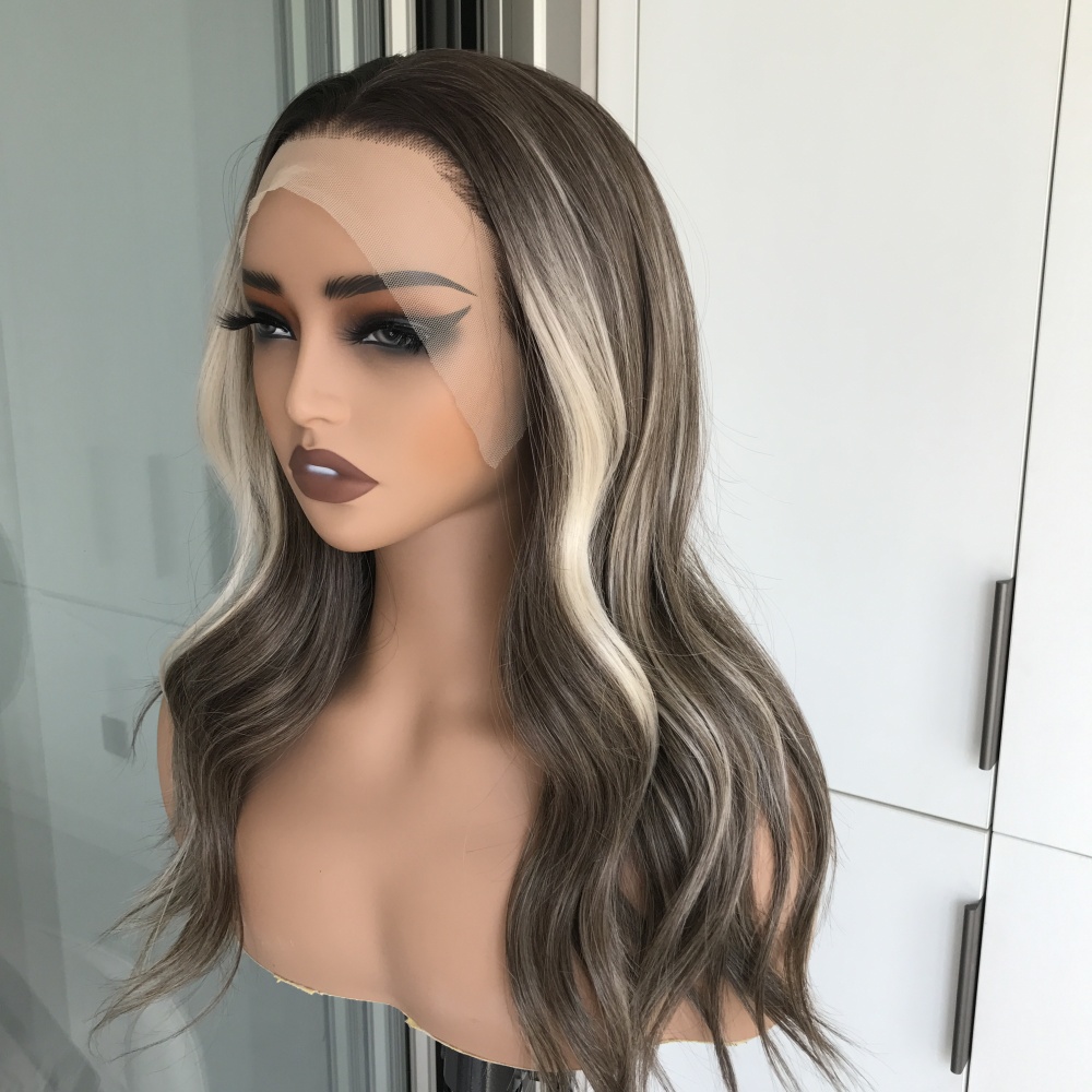 A06 by AISOM Free Part Beach Wave Brunette with Blonde Highlight Natural Hairline Low Density 13x4 HD Lace Front Wig 18 inches Heat Friendly Synthetic Hair