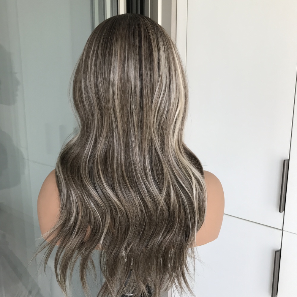 A06 by AISOM Free Part Beach Wave Brunette with Blonde Highlight Natural Hairline Low Density 13x4 HD Lace Front Wig 18 inches Heat Friendly Synthetic Hair