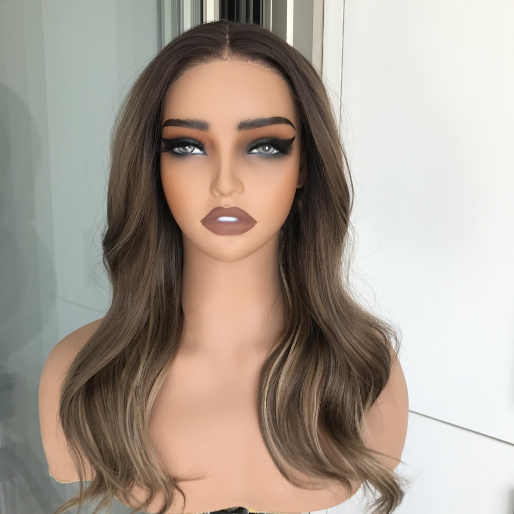 A12 by AISOM Pre Cut Brown and Blonde Blend Body Wave Glueless T Part Lace Wig Heat Friendly Synthetic Wig 18 inches Wear Go Wig