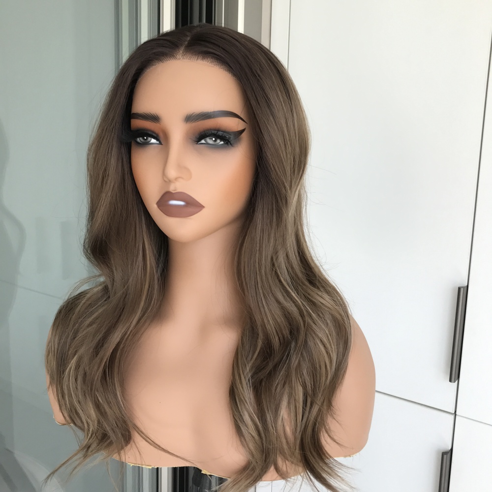 A12 by AISOM Pre Cut Brown and Blonde Blend Body Wave Glueless T Part Lace Wig Heat Friendly Synthetic Wig 18 inches Wear Go Wig