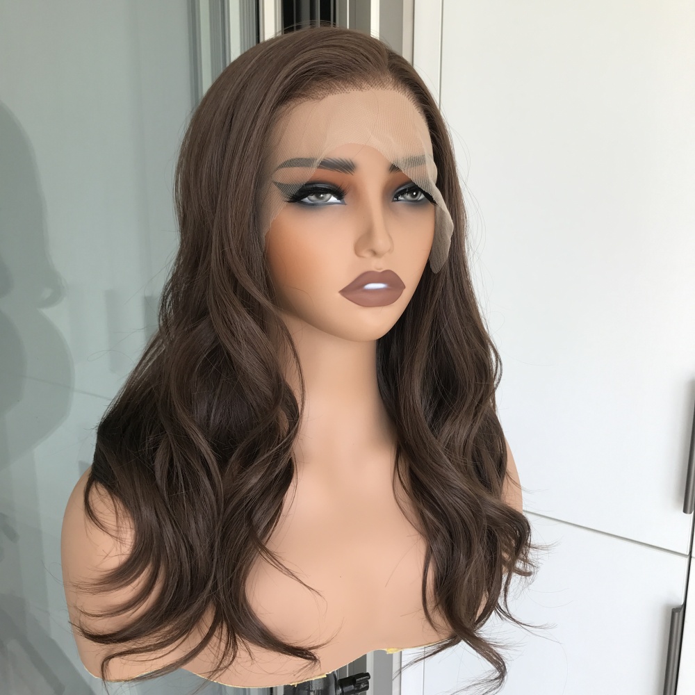 A68 by AISOM Chocolate Brown Free Part Synthetic Lace Front Wig Body Wave 18 inches Natural Hairline Heat Friendly Natural Looking Wig