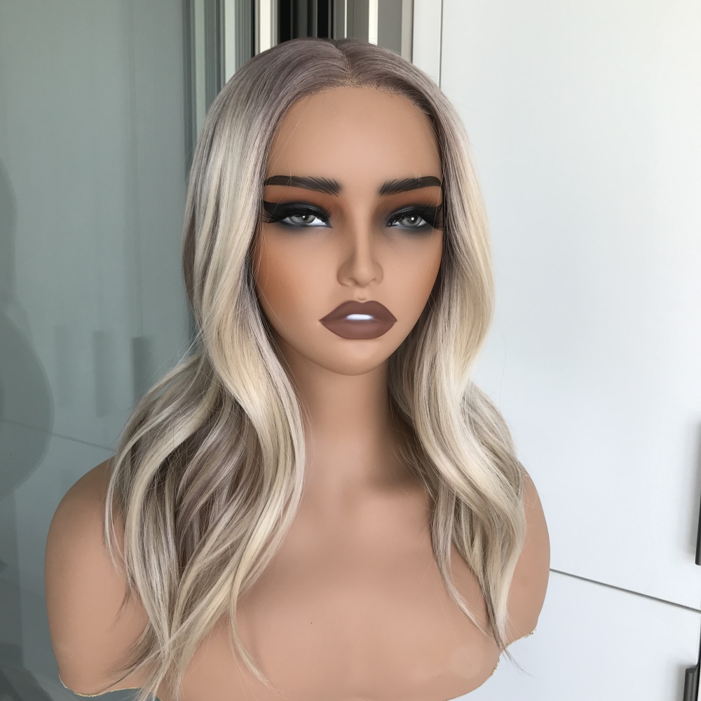 A09 by AISOM Pre Cut Bright Blonde with Brown T Part Glueless Ready to Wear Short Natural Wave 16 inches Synthetic Lace Wig Pre Plucked Natural Hairline