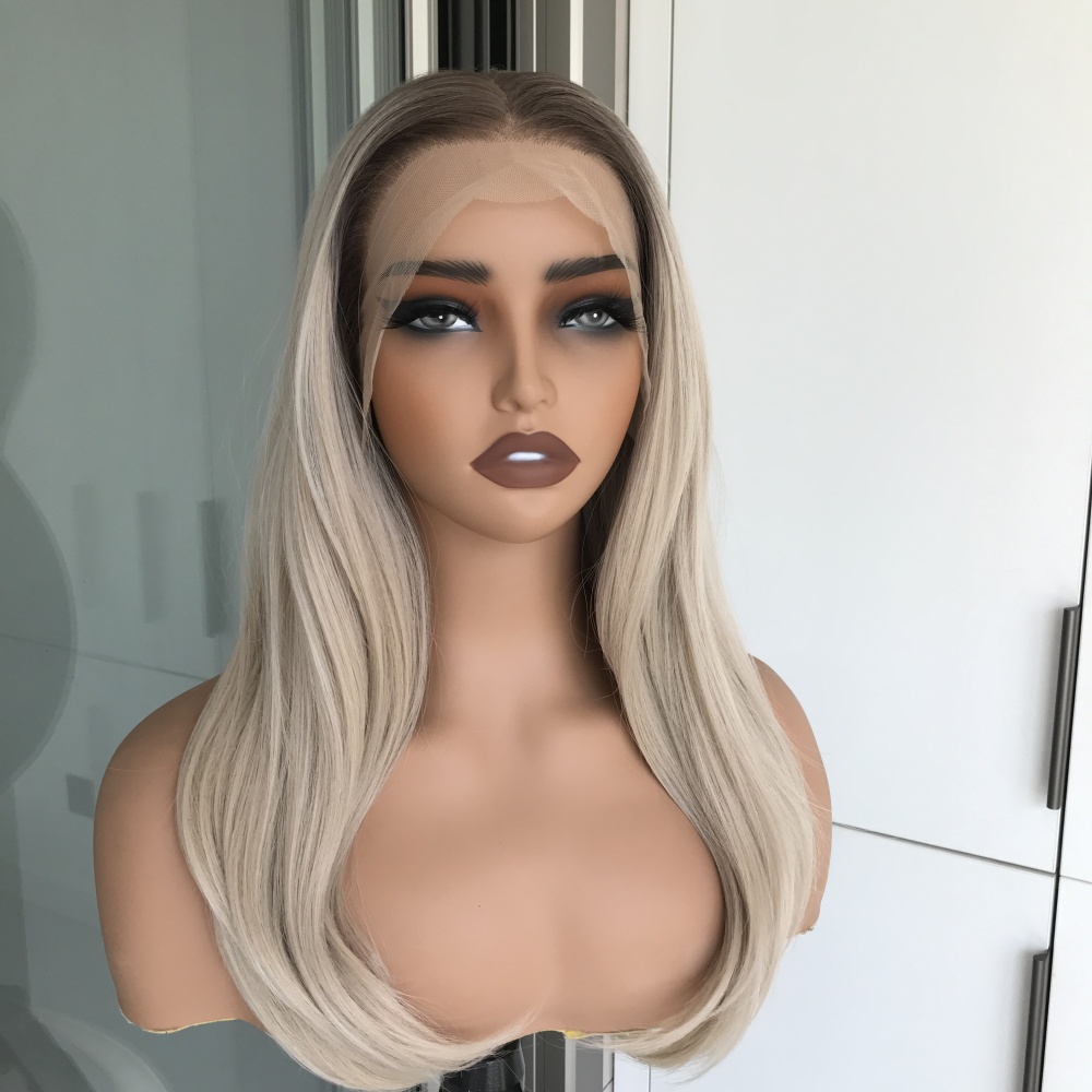 A15 by AISOM Ombre Ash Blonde Synthetic Lace Front Wig 21 inches 13*4 Free Part Glueless Natural Straight Heat Resistant Fiber Heat Friendly for Women Daily Party Use