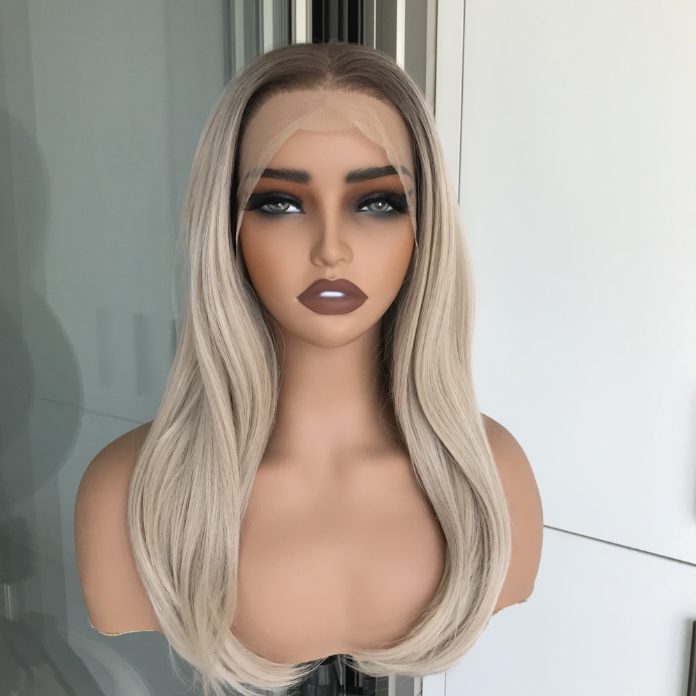 A15 by AISOM Ombre Ash Blonde Synthetic Lace Front Wig 21 inches 13*4 Free Part Glueless Natural Straight Heat Resistant Fiber Heat Friendly for Women Daily Party Use