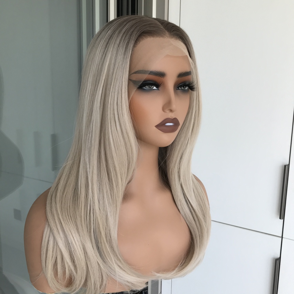 A15 by AISOM Ombre Ash Blonde Synthetic Lace Front Wig 21 inches 13*4 Free Part Glueless Natural Straight Heat Resistant Fiber Heat Friendly for Women Daily Party Use