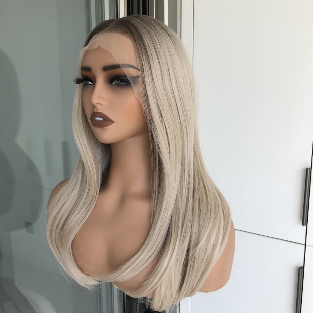 A15 by AISOM Ombre Ash Blonde Synthetic Lace Front Wig 21 inches 13*4 Free Part Glueless Natural Straight Heat Resistant Fiber Heat Friendly for Women Daily Party Use