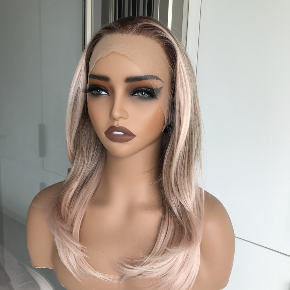 Luna by AISOM Layered Straight Apricrown 16 Inches 13x4 Free Part Synthetic Lace Front Wig with Pre Plucked Scandinavian Hairline Apricot Daily Use