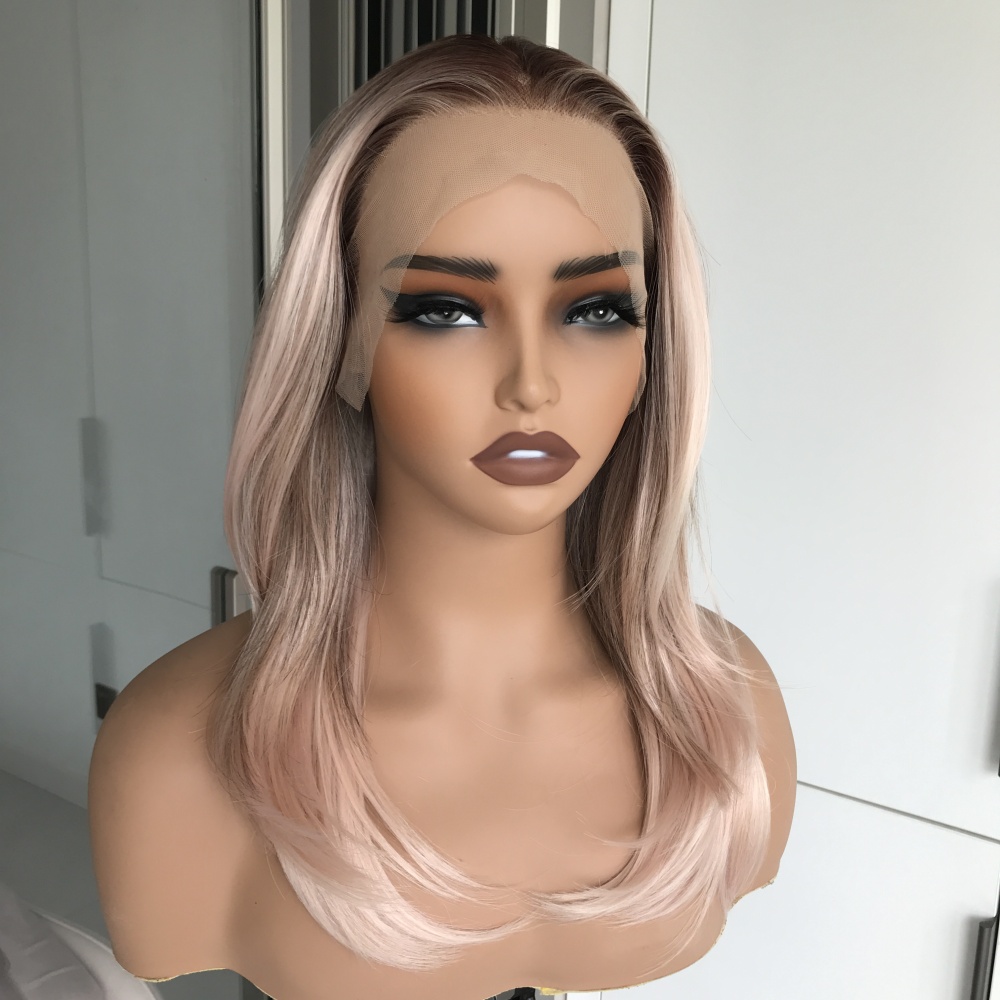 Luna by AISOM Layered Straight Apricrown 16 Inches 13x4 Free Part Synthetic Lace Front Wig with Pre Plucked Scandinavian Hairline Apricot Daily Use