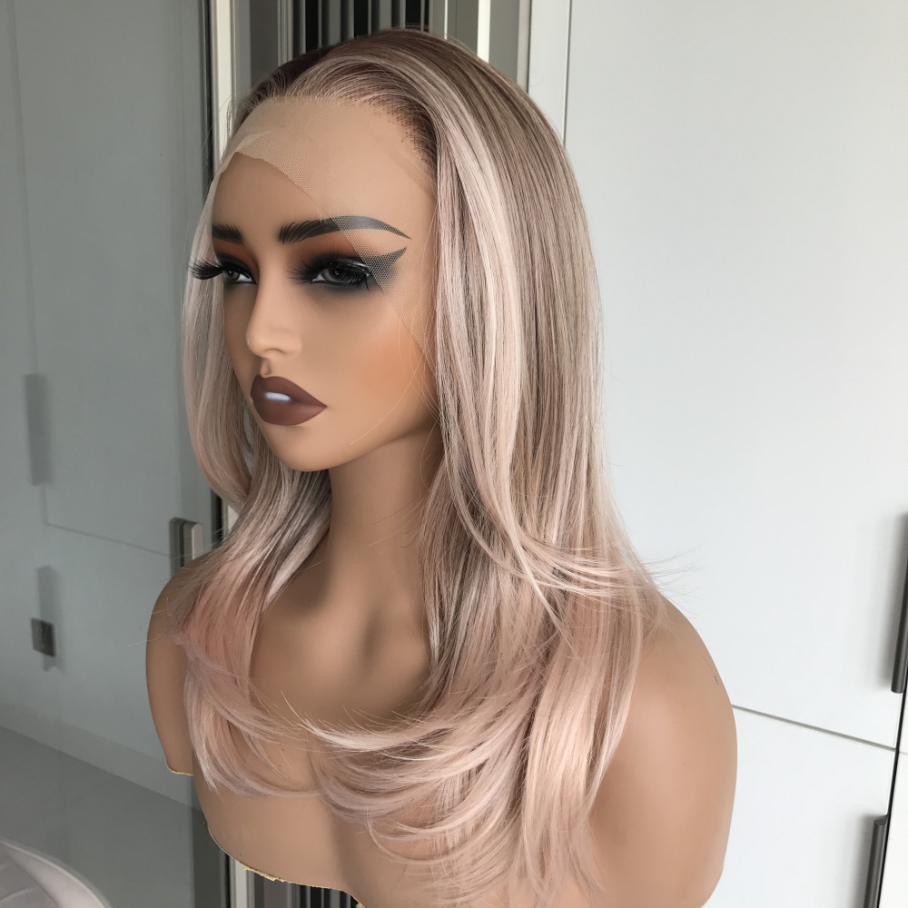 Luna by AISOM Layered Straight Apricrown 16 Inches 13x4 Free Part Synthetic Lace Front Wig with Pre Plucked Scandinavian Hairline Apricot Daily Use