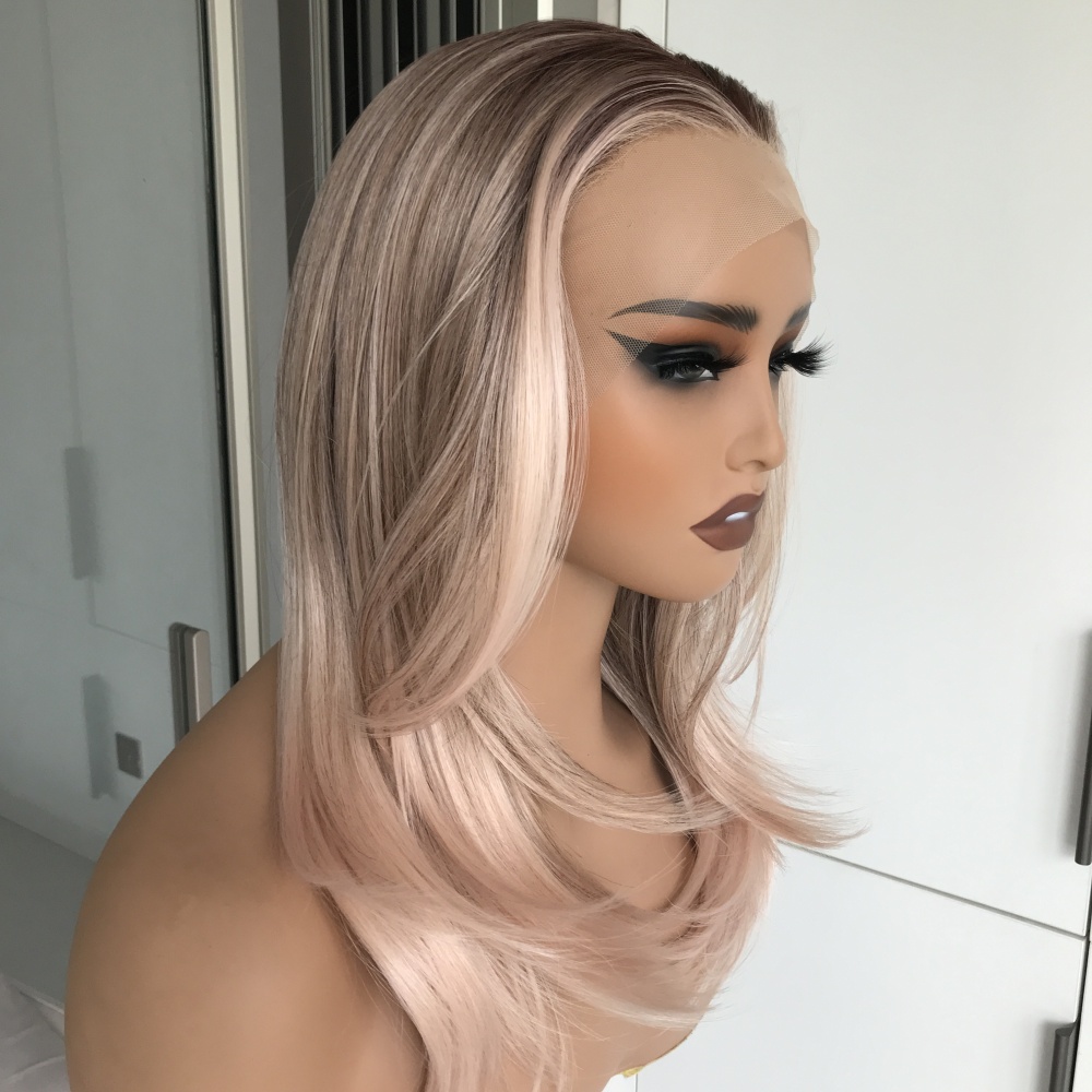 Luna by AISOM Layered Straight Apricrown 16 Inches 13x4 Free Part Synthetic Lace Front Wig with Pre Plucked Scandinavian Hairline Apricot Daily Use