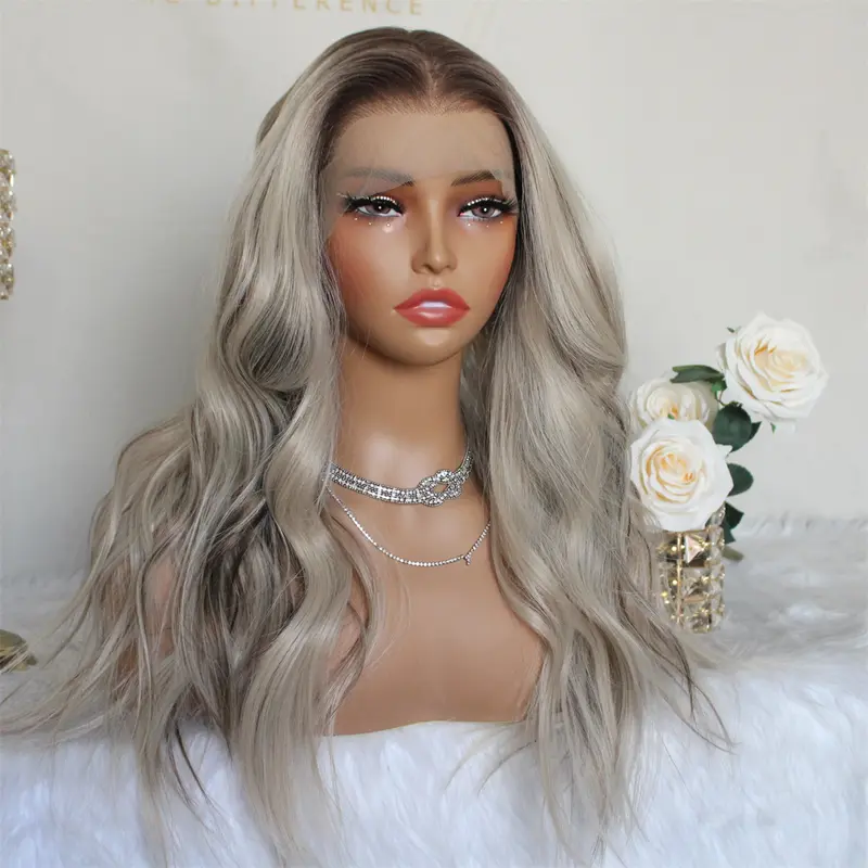 A48 by AISOM 18“Glueless Wig Natural looking Wig Highlight Ash Blonde Ombre 13x6 Wave Ash Platinum Mixed Brown Synthetic Lace Front Wig with Realistic Hairline