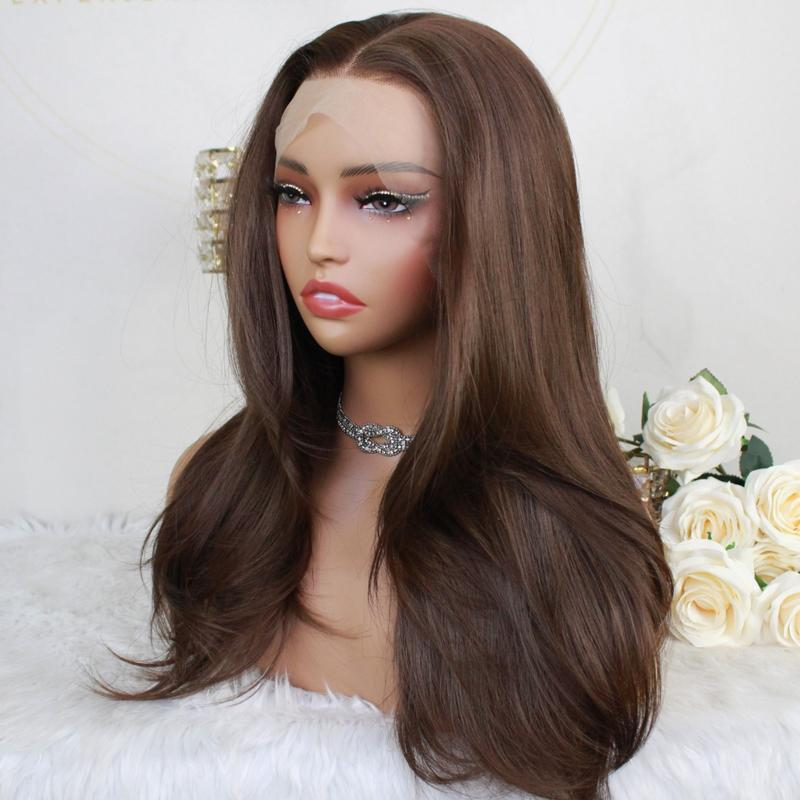 A21 by AISOM Chocolate Brown Layered Straight 20 inches 13*4 Free Part Synthetic Lace Front Wig Heat Friendly Low Density Pre Plucked