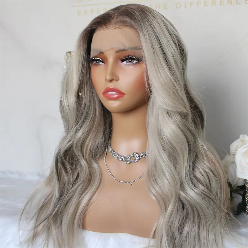 A48 by AISOM 18“Glueless Wig Natural looking Wig Highlight Ash Blonde Ombre 13x6 Wave Ash Platinum Mixed Brown Synthetic Lace Front Wig with Realistic Hairline