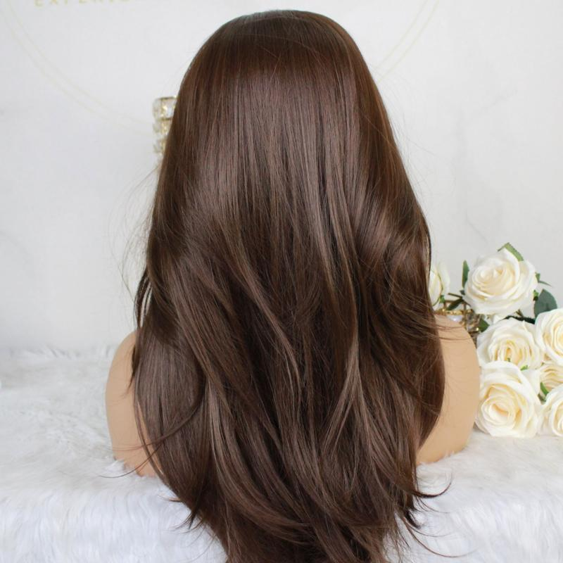 A21 by AISOM Chocolate Brown Layered Straight 20 inches 13*4 Free Part Synthetic Lace Front Wig Heat Friendly Low Density Pre Plucked