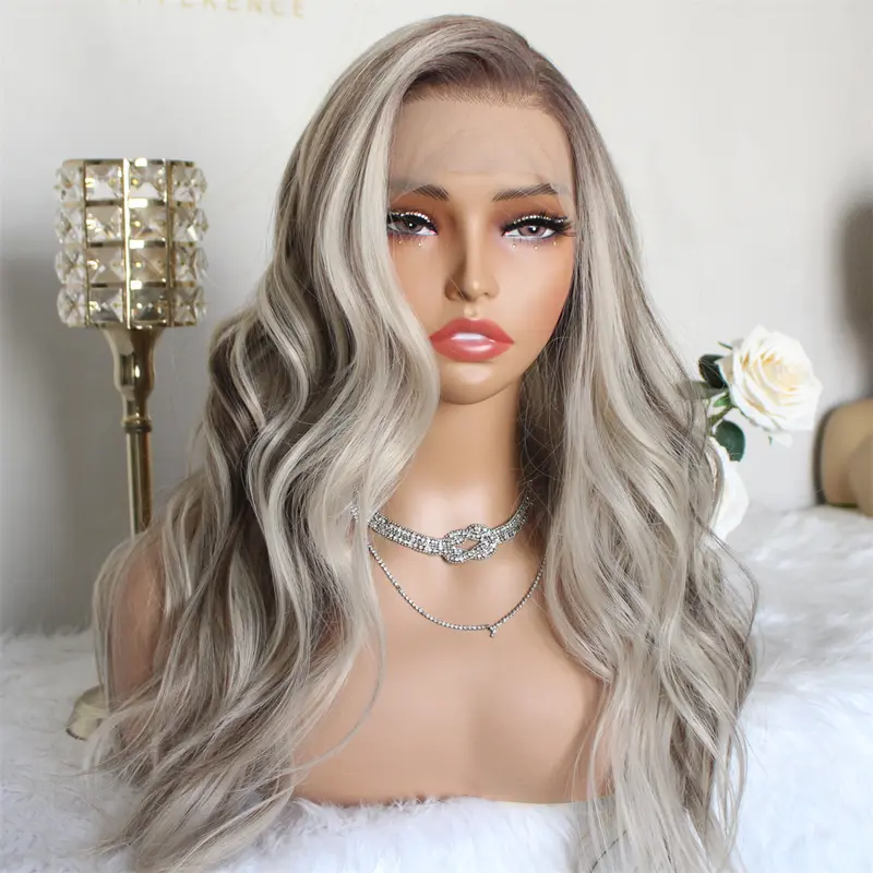 A48 by AISOM 18“Glueless Wig Natural looking Wig Highlight Ash Blonde Ombre 13x6 Wave Ash Platinum Mixed Brown Synthetic Lace Front Wig with Realistic Hairline