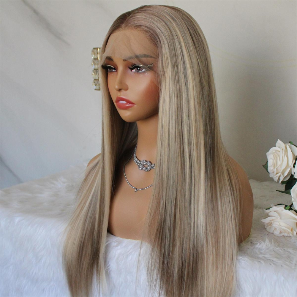 A55 by AISOM Warm Blonde Highlight Mixed Brown Lowlights Long Straight 13x4" Free Part Lace Front Wigs for Women Heat Friendly Synthetic Wig 26"
