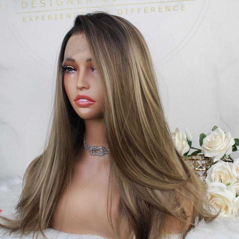 A19 by AISOM Brunette Mix Blonde Highlight Natural Straight 20 inches 13x4 Pre Plucked Free Part Lace Front Women's Wig Heat Friendly