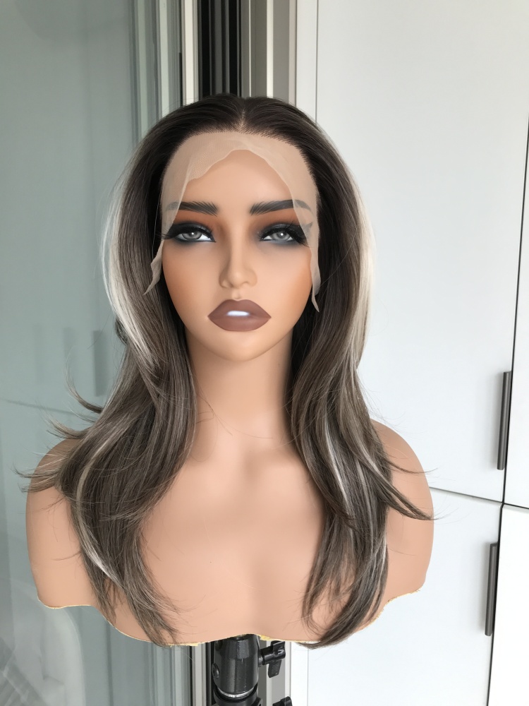 A02 by AISOM Free Part Brunette Blonde Highlight 13*4 Lace Front Wig 18 Inches Low Density Layered Glueless Wig for Women Daily Use