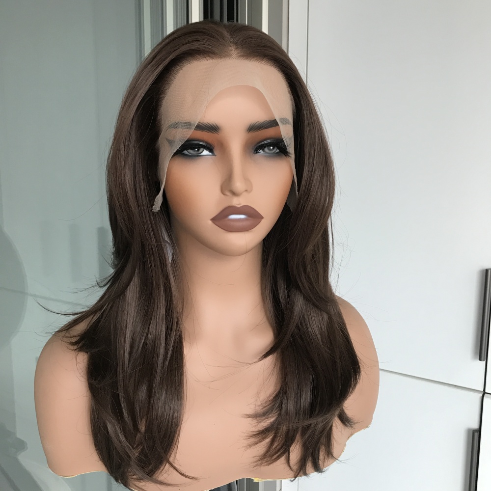 A13 by AISOM Free Part Chocolate Brown Layered Straight 13X4 Glueless Wig 17 inches Heat Friendly Synthetic Lace Wig for Women Natural Hairline Daily Wear