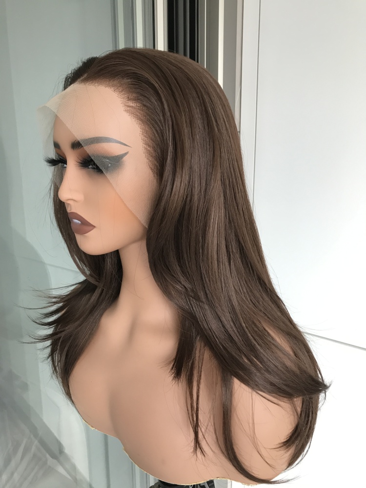 A13 by AISOM Free Part Chocolate Brown Layered Straight 13X4 Glueless Wig 17 inches Heat Friendly Synthetic Lace Wig for Women Natural Hairline Daily Wear