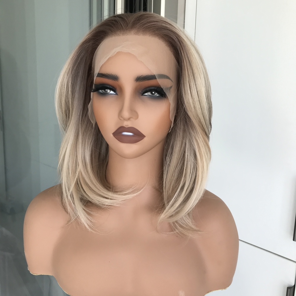 A01 by AISOM Free Part Glueless Lace Front Wig Warm Blonde Highlight Pre Plucked Hairline Natural Bob 13inches Synthetic Lace Wig for Women