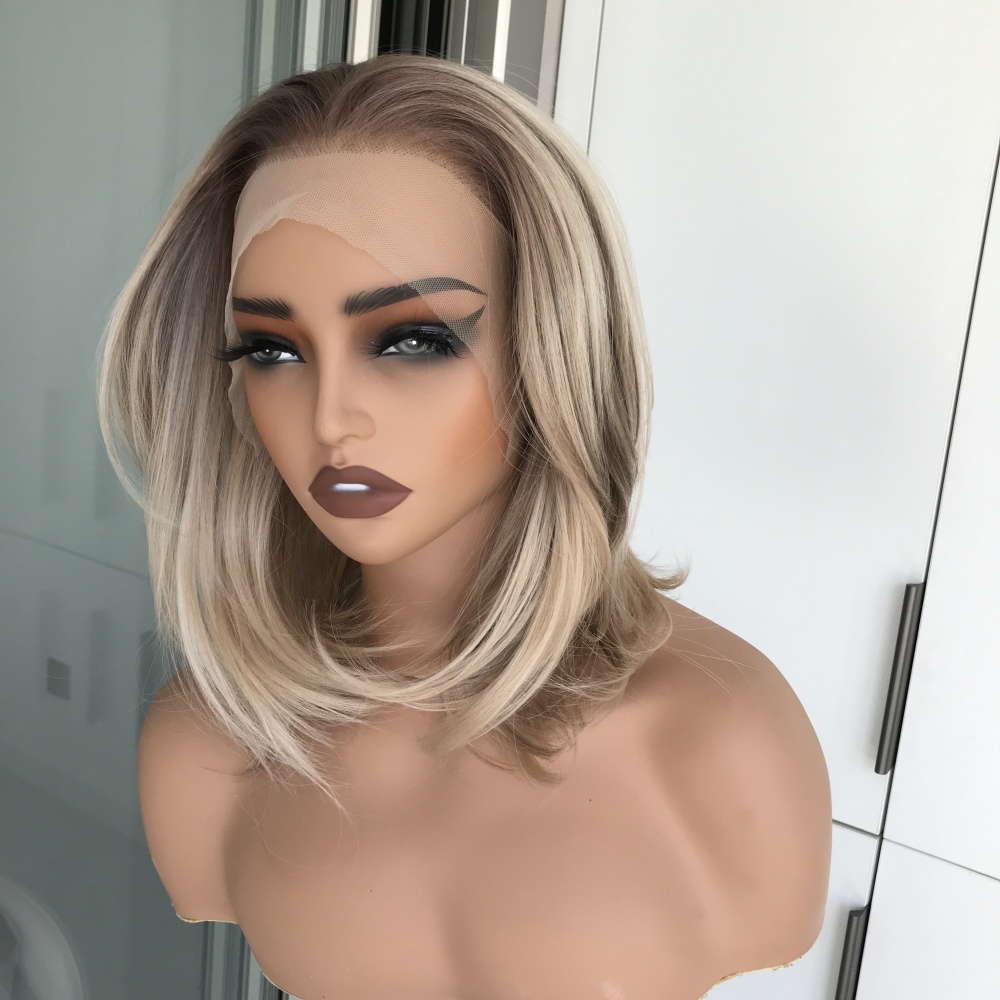 A01 by AISOM Free Part Glueless Lace Front Wig Warm Blonde Highlight Pre Plucked Hairline Natural Bob 13inches Synthetic Lace Wig for Women