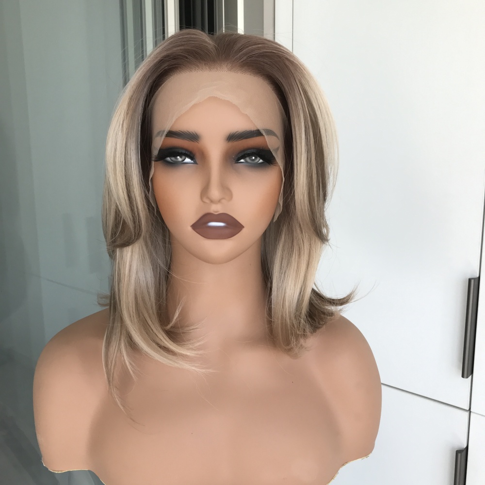 A01 by AISOM Free Part Glueless Lace Front Wig Warm Blonde Highlight Pre Plucked Hairline Natural Bob 13inches Synthetic Lace Wig for Women